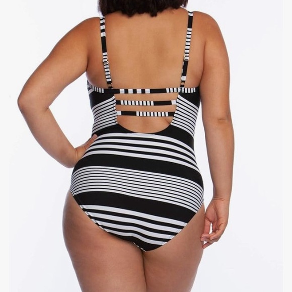 LaBlanca Fine Line Mitered Mio One-piece Swimsuit black white stripe size 18 - Picture 2 of 5